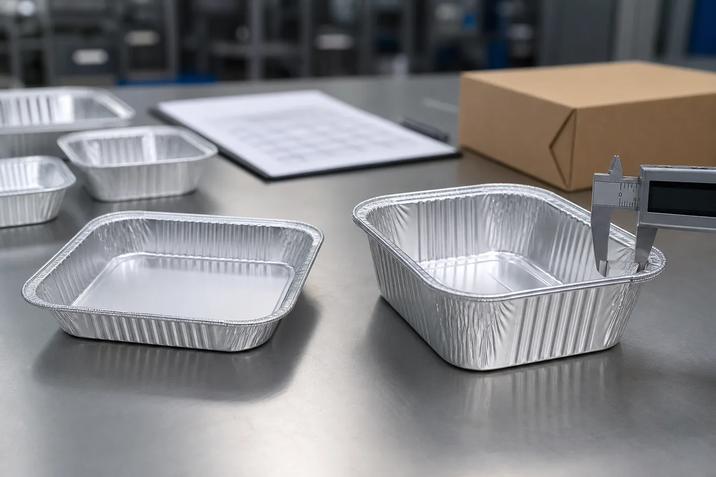 Aluminum foil containers on an inspection table with a caliper checking tray thickness for an RFQ review.