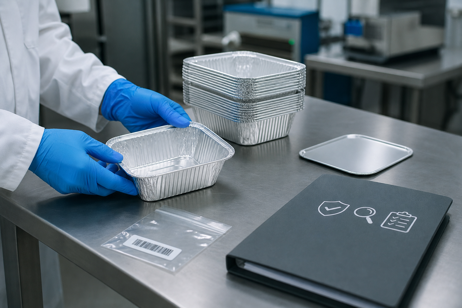 Gloved inspector checking aluminum foil food containers beside a sample bag and compliance document folder in a QC room.