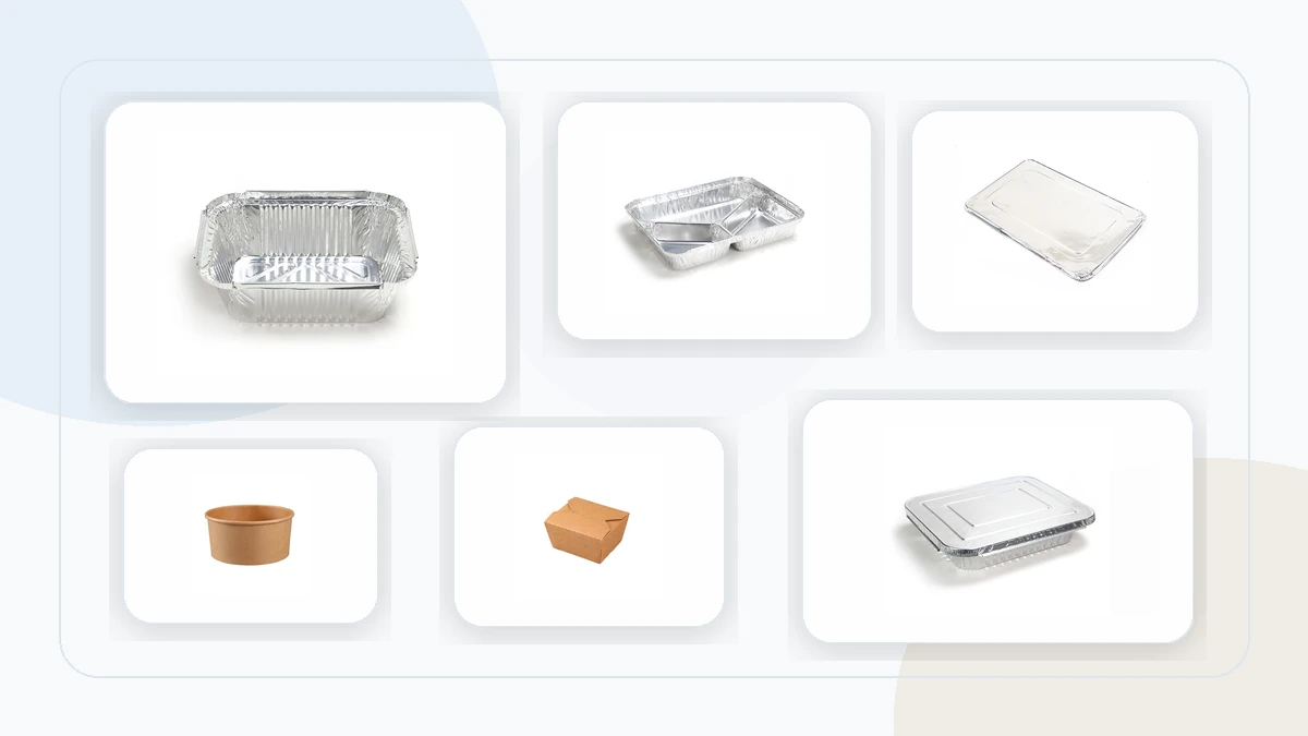 Collage produit clair de contenants pour takeout et meal prep, avec barquettes aluminium, plateaux à compartiments, couvercles transparents, bols kraft et contenants aluminium avec couvercle.