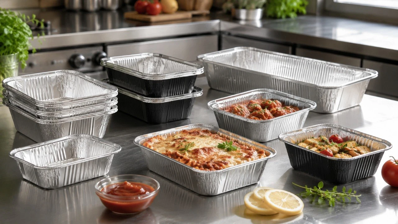Aluminum foil food containers with saucy and acidic food cues for lacquered tray selection
