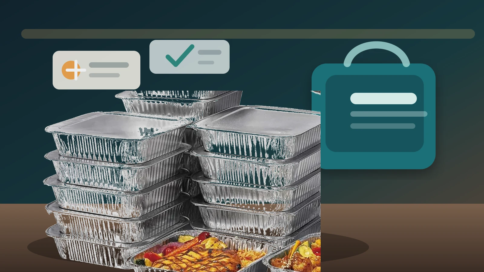 FirstAlu aluminum foil containers staged beside an insulated delivery bag for oven, freezer, and foodservice sample checks.